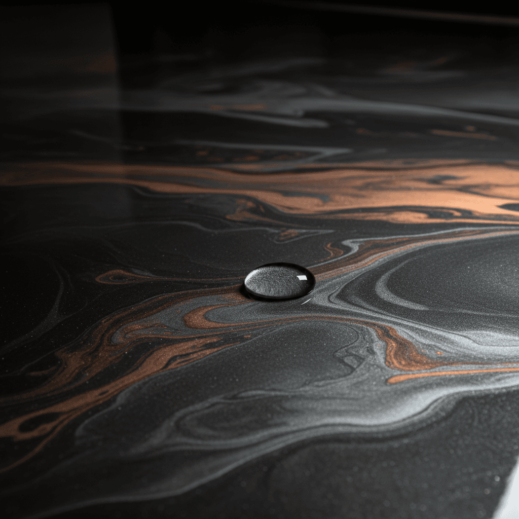 Metallic epoxy garage floor detail in Wake Forest with marble-like silver and copper veins
