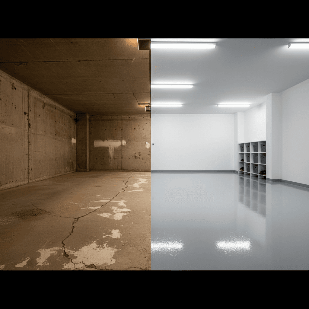 Split view of a Wake Forest garage before and after epoxy coating showing raw concrete on the left and glossy finished floor on the right