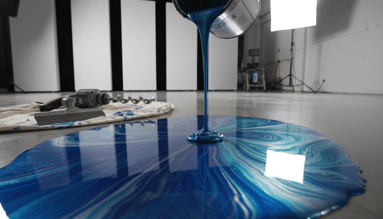 Close-up of premium metallic epoxy being poured onto a glossy garage floor
