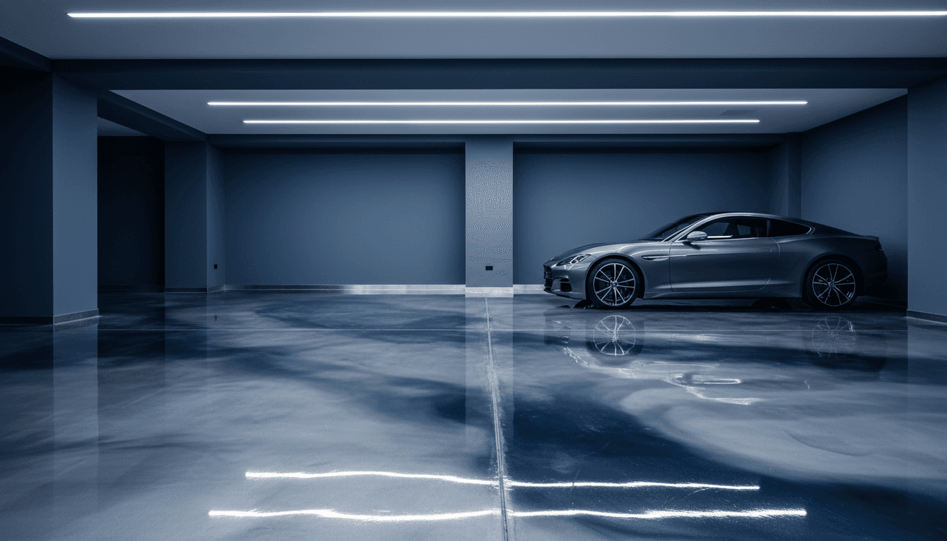 A glossy metallic epoxy garage floor reflecting light, with a luxury car parked inside a clean, modern garage