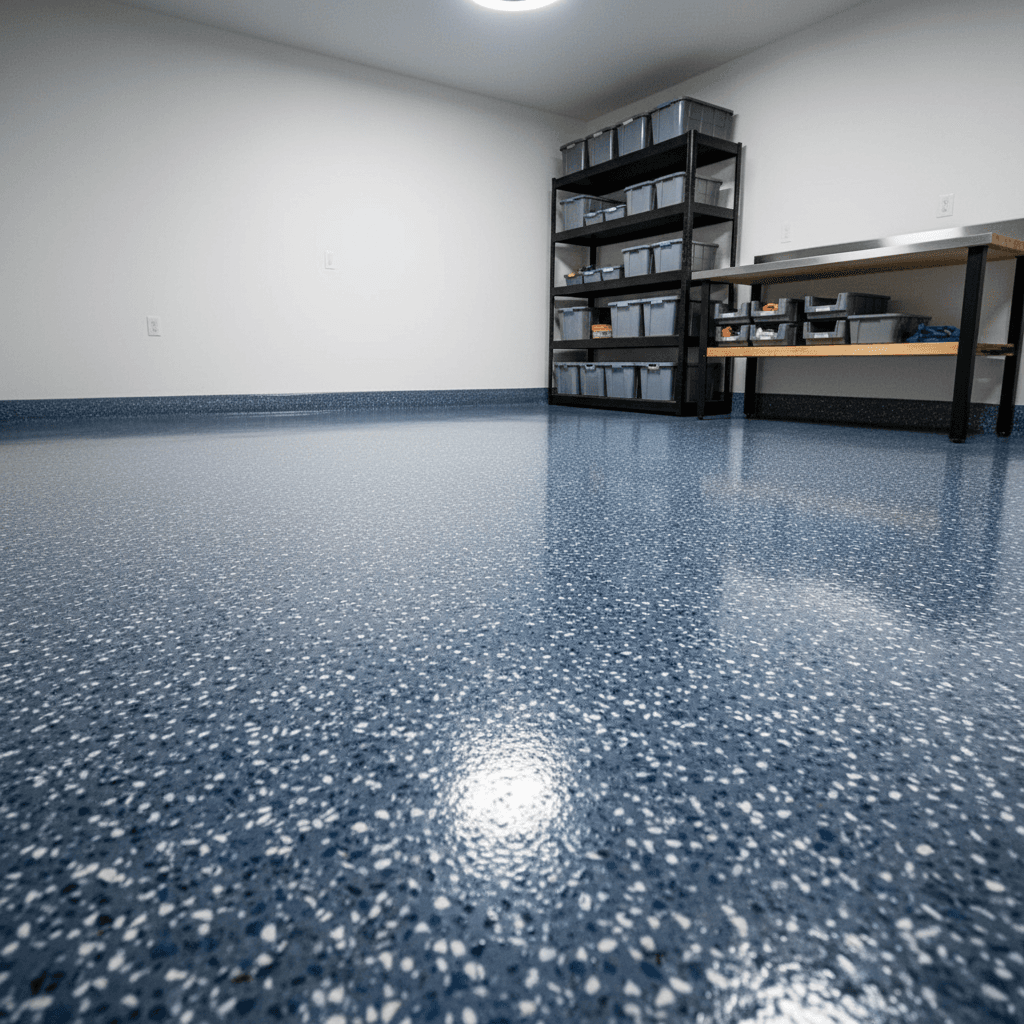 Flake epoxy garage floor installation in Wake Forest with blue and gray chips and clear topcoat