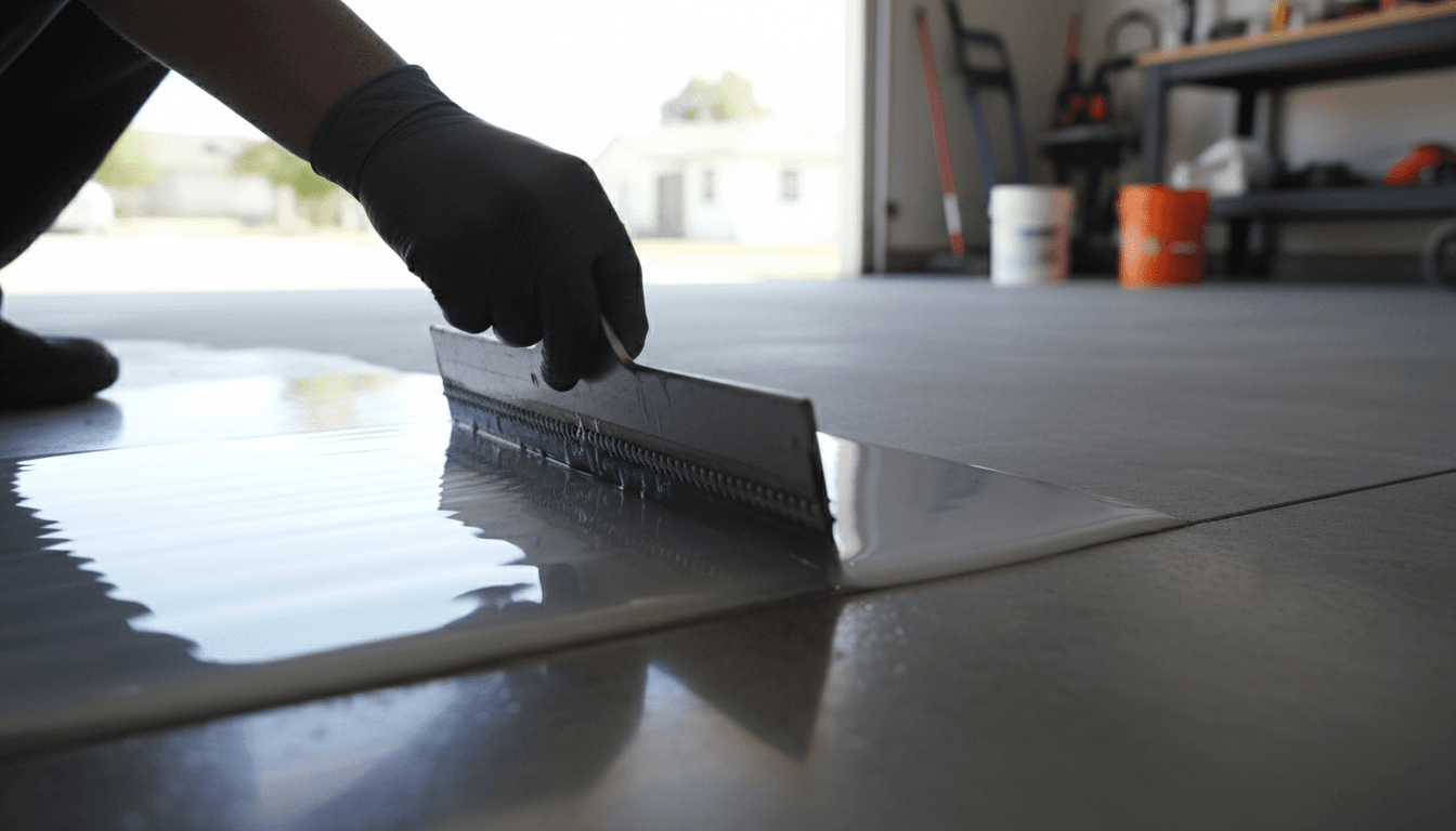 Gloved hand applying clear epoxy resin to garage floor with notched squeegee, showing glossy finish
