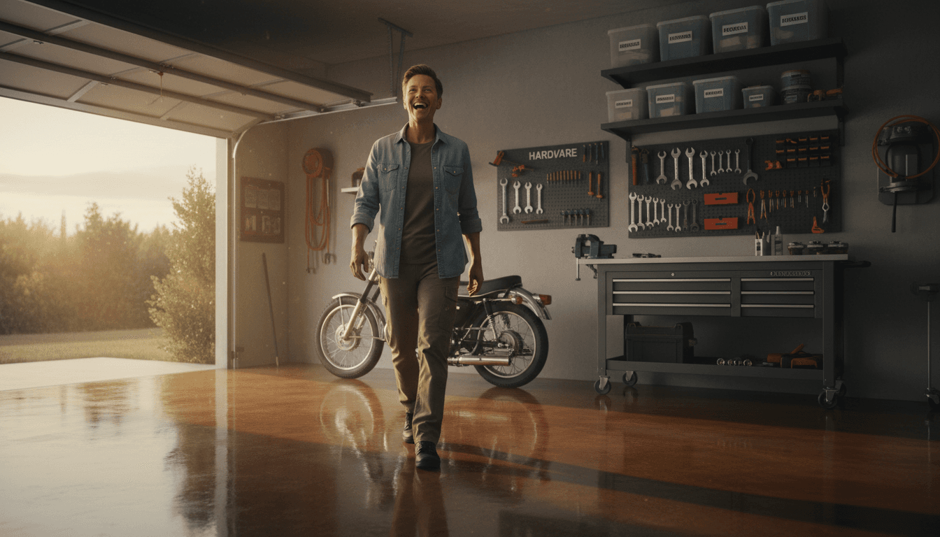 Homeowner walking into a finished epoxy garage floor