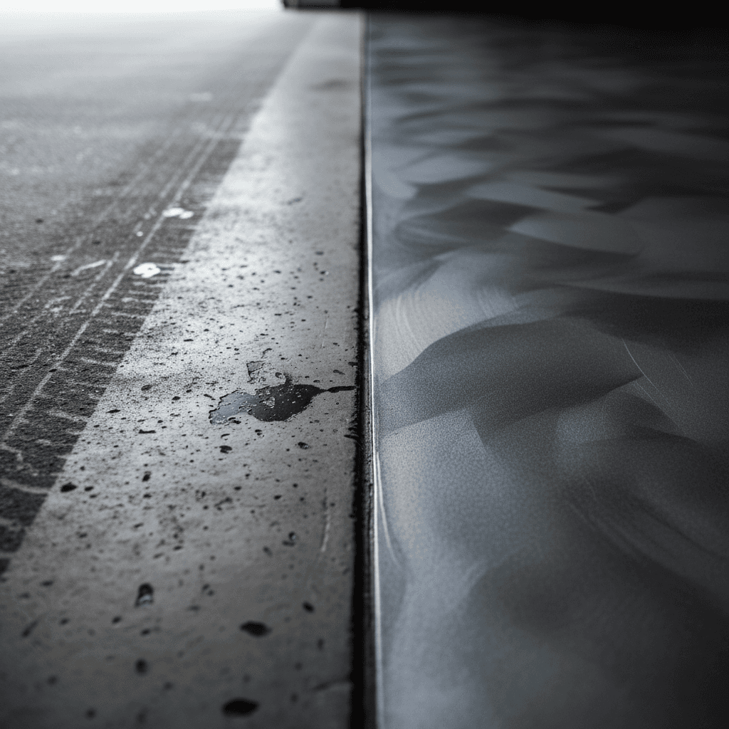 Close-up comparison of worn concrete and metallic epoxy floor finish in Wake Forest