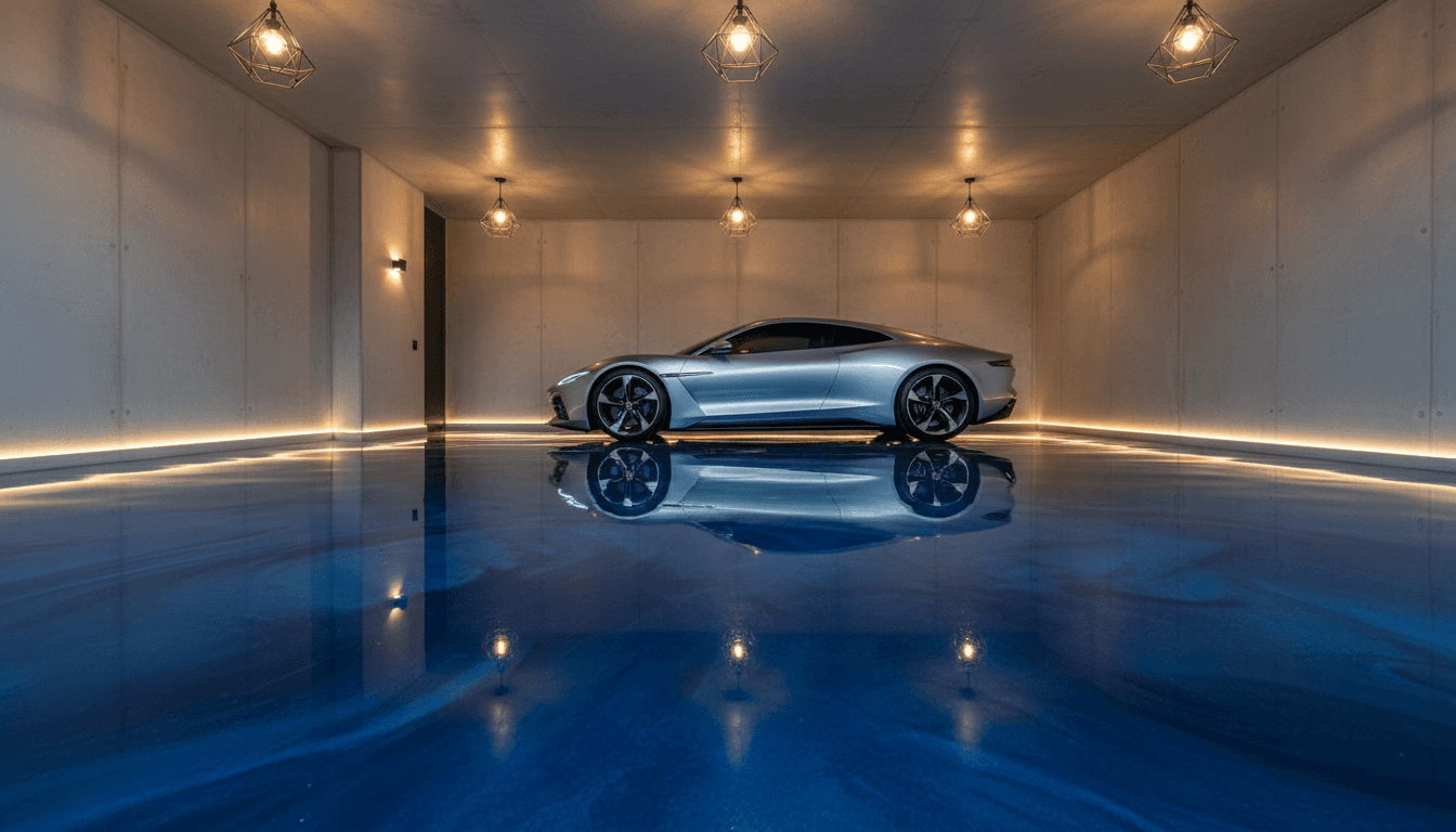 Luxury garage with glossy metallic epoxy floor and sports car reflecting in the surface