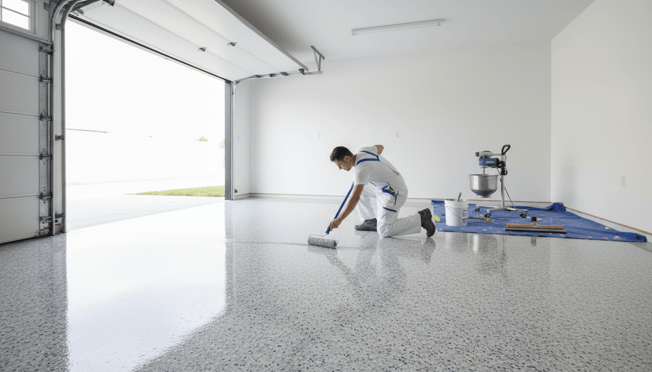 Epoxy applicator rolling a flake epoxy coating onto a garage floor