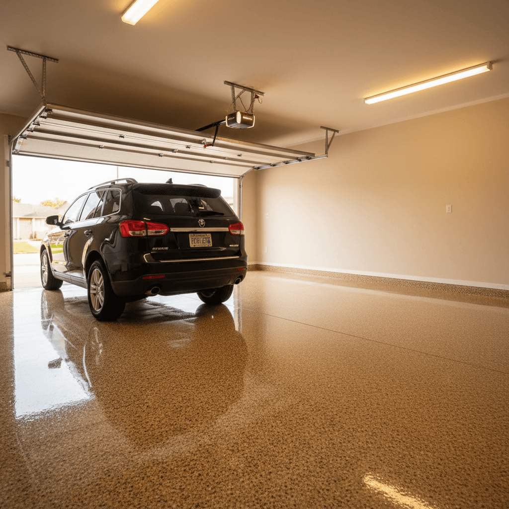 Flake epoxy garage floor in Wake Forest with parked SUV reflecting in the glossy finish