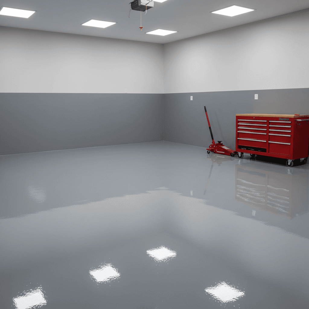 Finished solid epoxy garage floor in Wake Forest with tool chest and floor jack visible