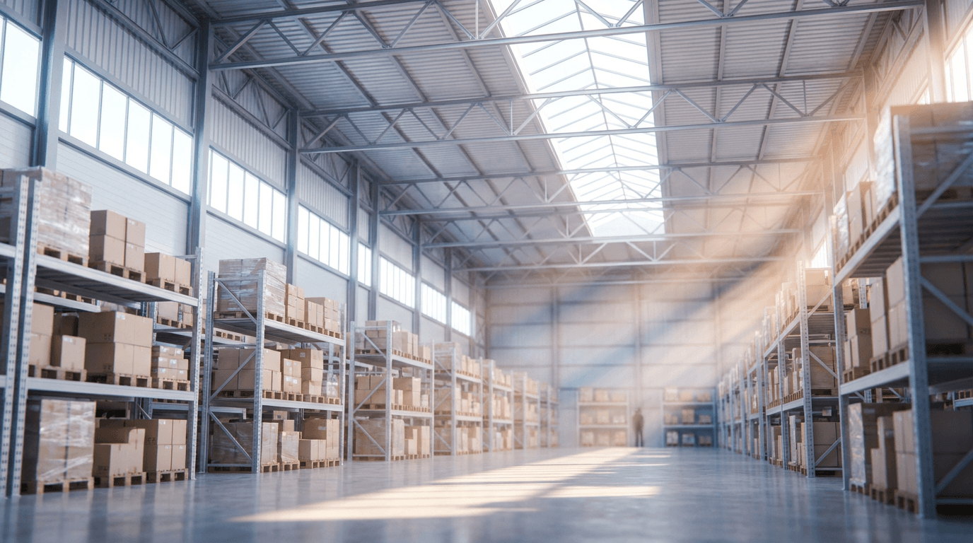 Wide shot of a warehouse with a gray epoxy floor and a parked forklift