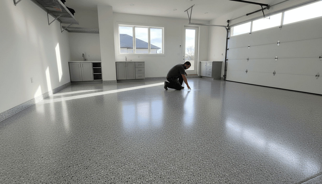 Truck tire resting on a glossy epoxy garage floor