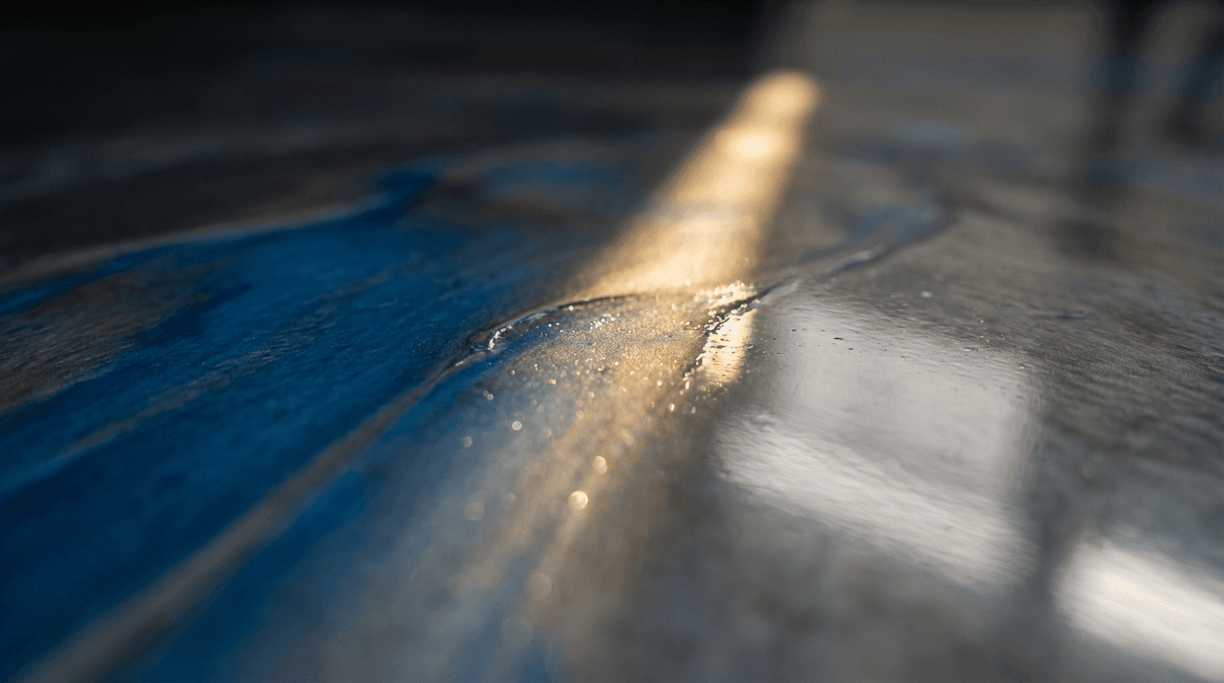 Freshly finished metallic epoxy garage floor with glossy reflections