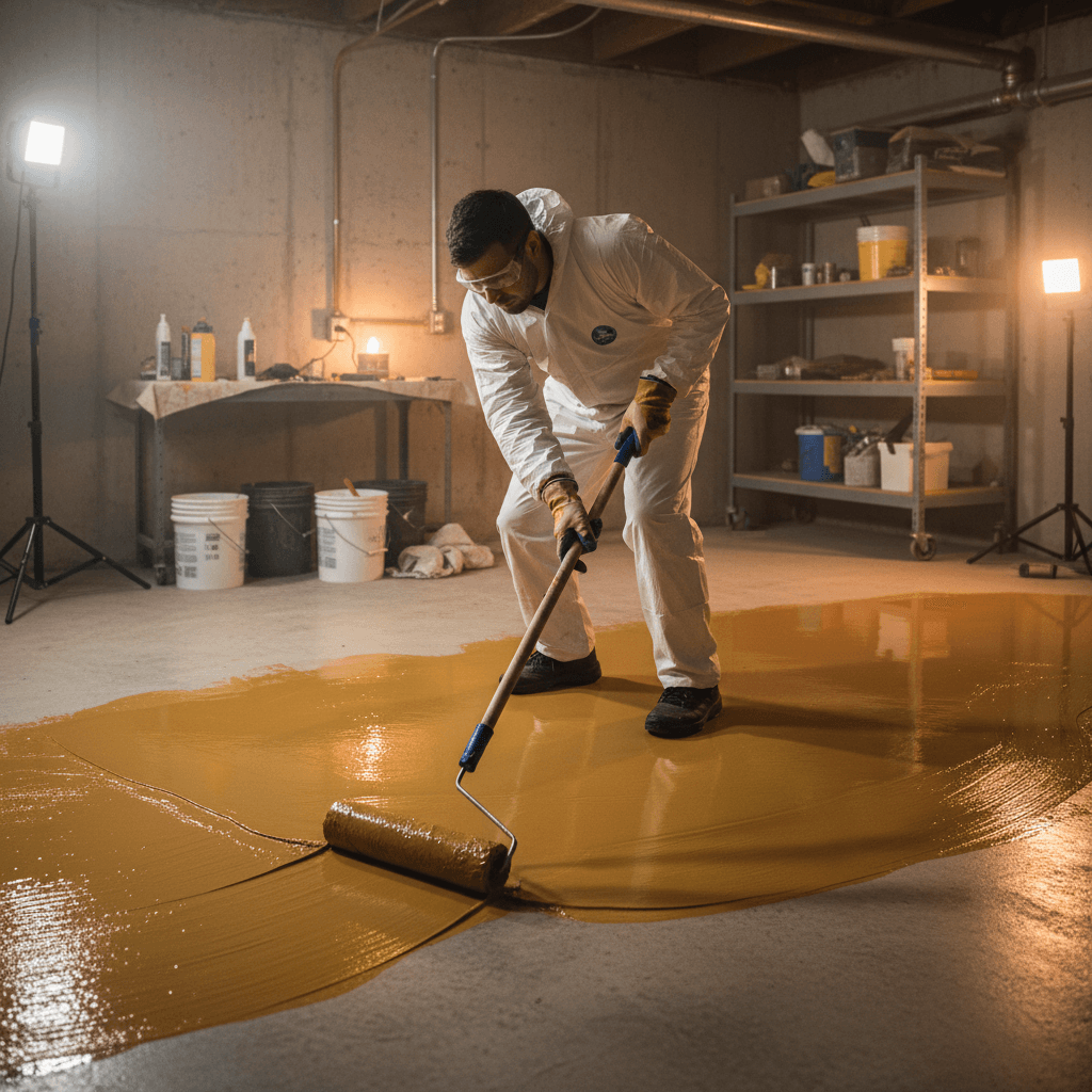 Installer applying epoxy topcoat with a squeegee in a retail space under bright work lights