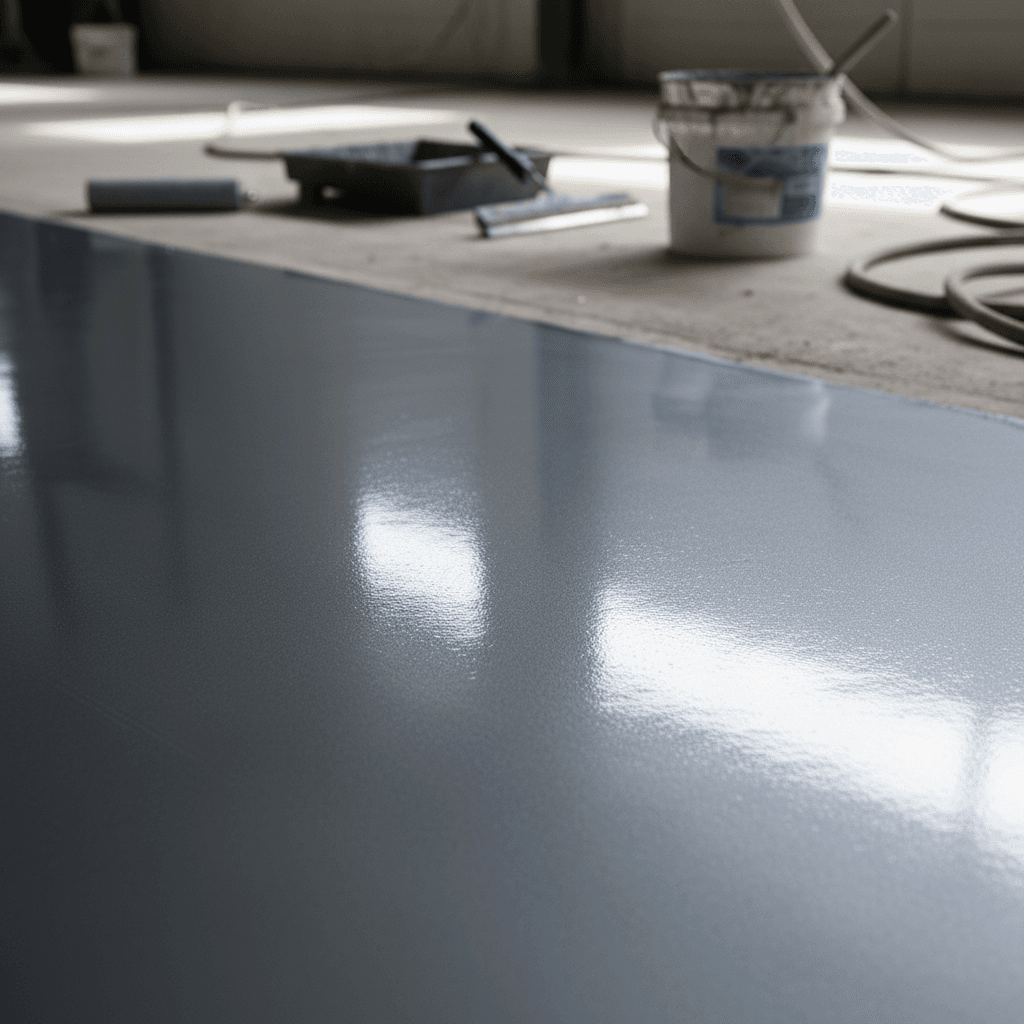 Close-up of a glossy chemical-resistant epoxy floor in an auto shop with a tool chest at the edge