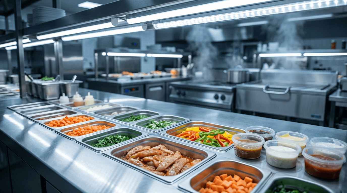 Overhead view of a slip-resistant epoxy floor in a commercial kitchen