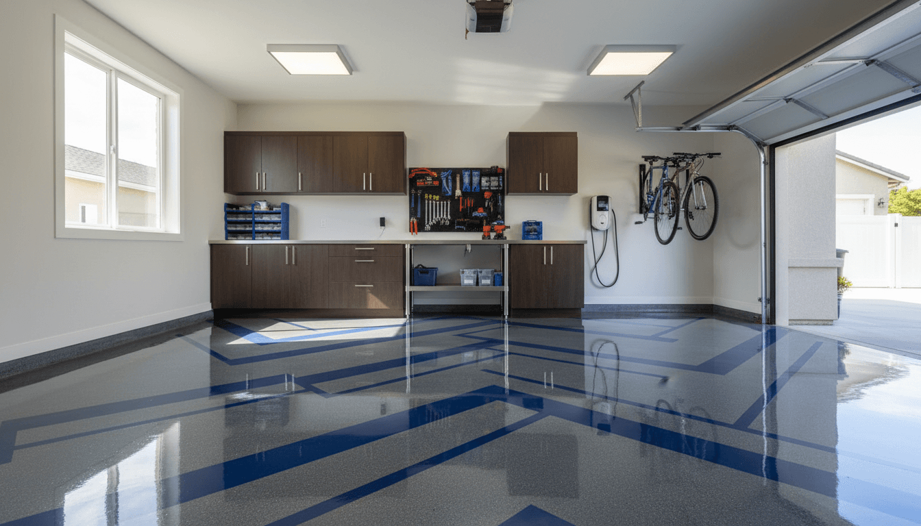 Metallic epoxy garage floor reflecting overhead lights creating a light-shifting effect
