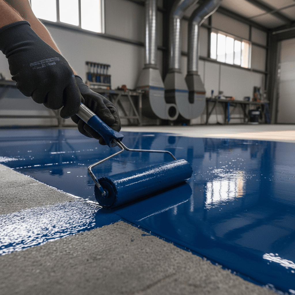 Close-up of boots on a textured flake epoxy floor showing slip-resistant surface