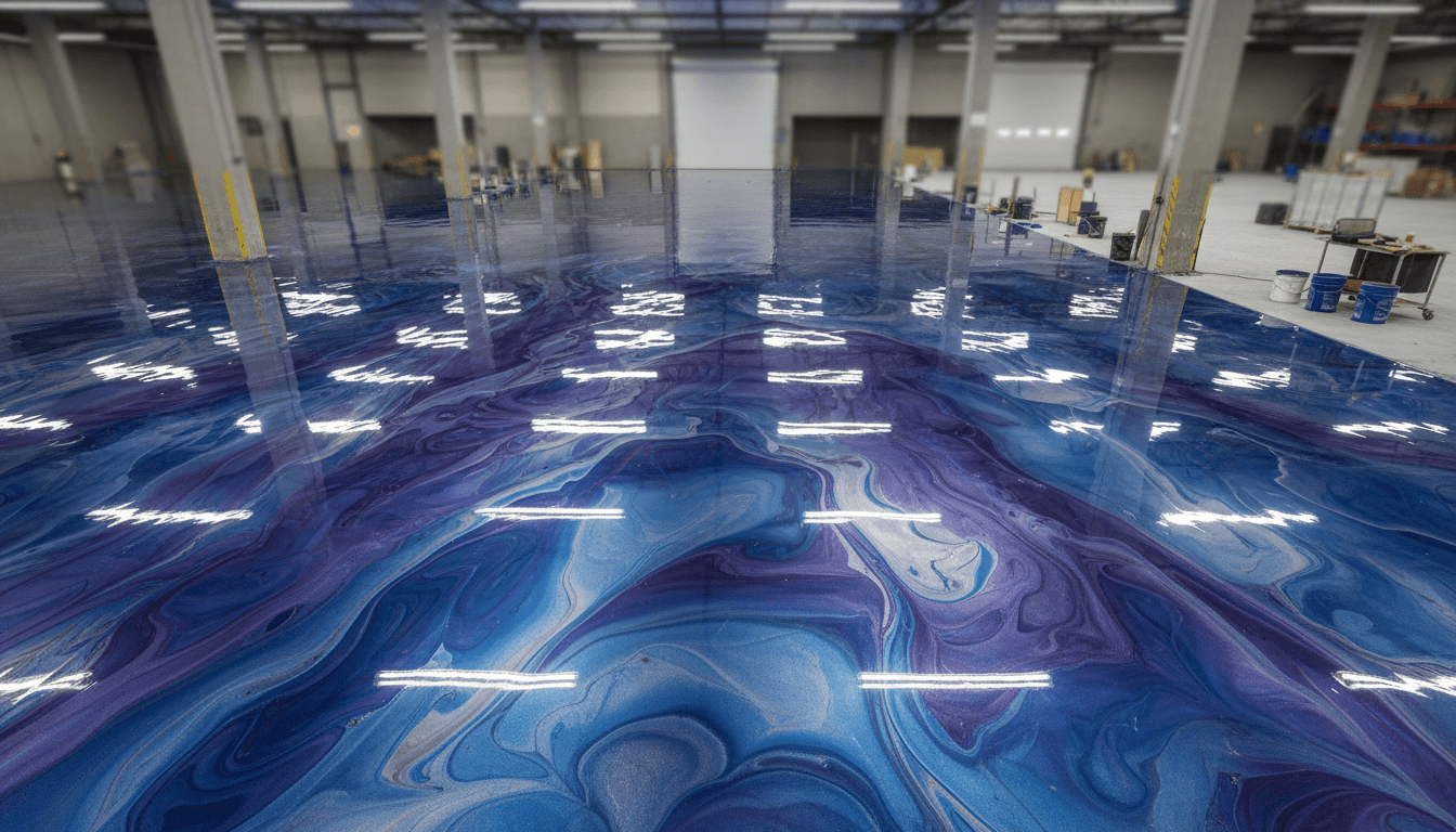 Close-up detail of metallic epoxy floor with swirling silver and blue pigments creating a marble-like pattern