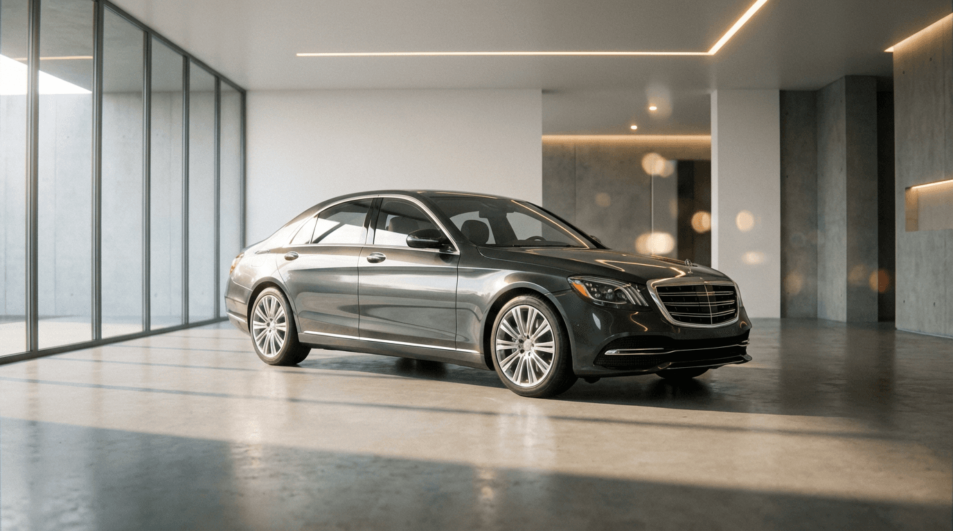 Luxury garage with glossy metallic epoxy floor and red car