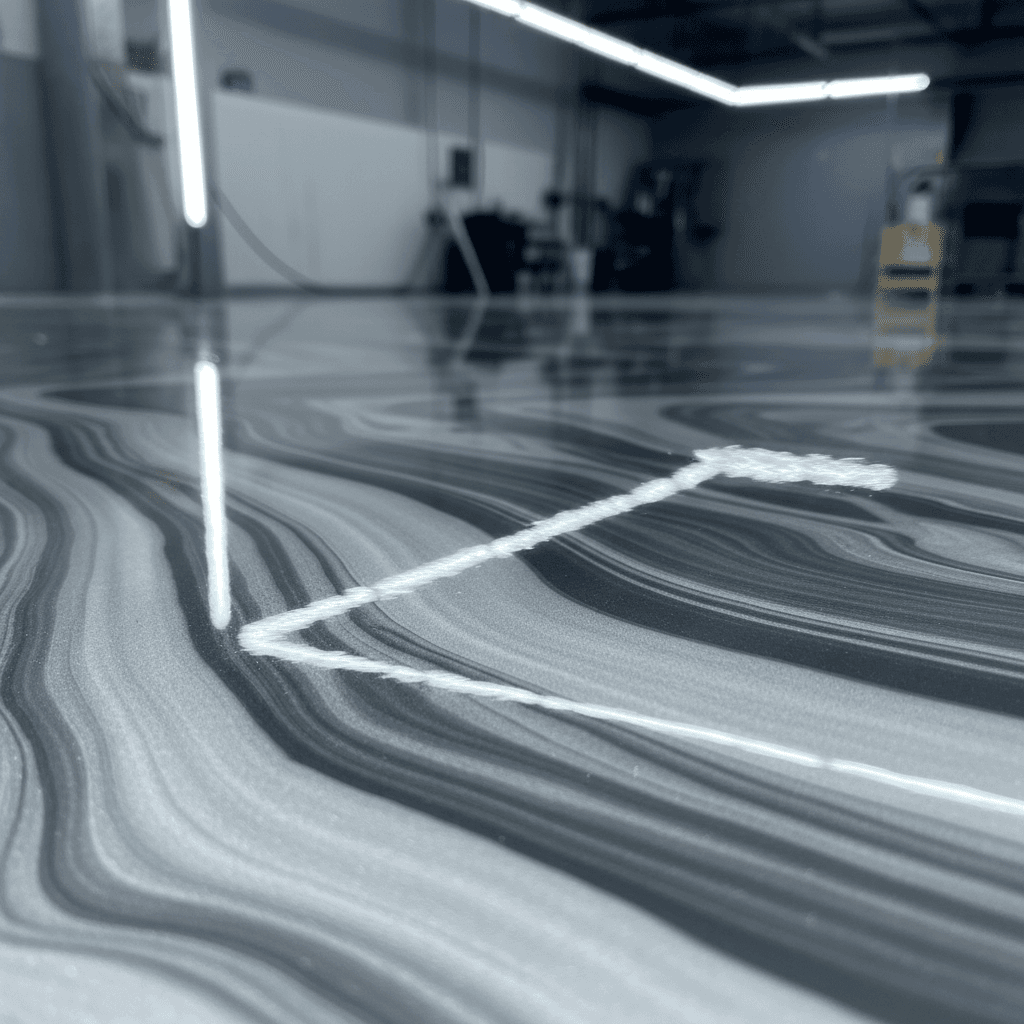 Contractor applying clear protective top coat over metallic epoxy floor with a squeegee