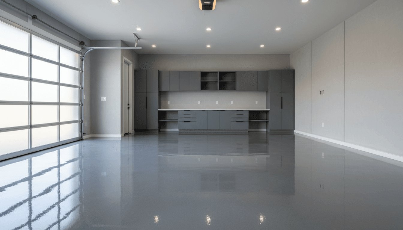 Wide view of a garage with a two-tone flake epoxy floor showing gray and blue chip blend