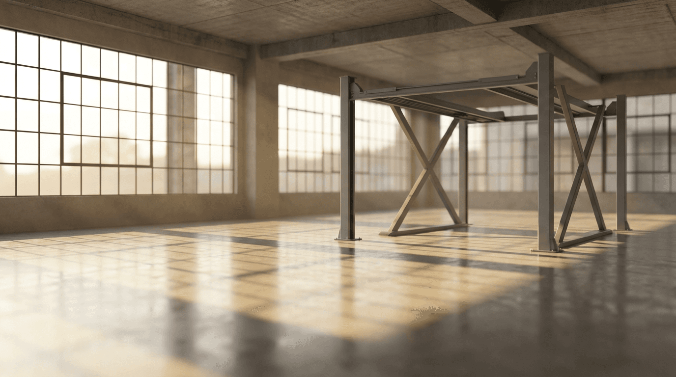 Empty garage with a freshly installed flake epoxy floor reflecting morning light