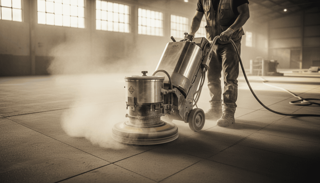 Concrete grinder on garage floor during surface preparation